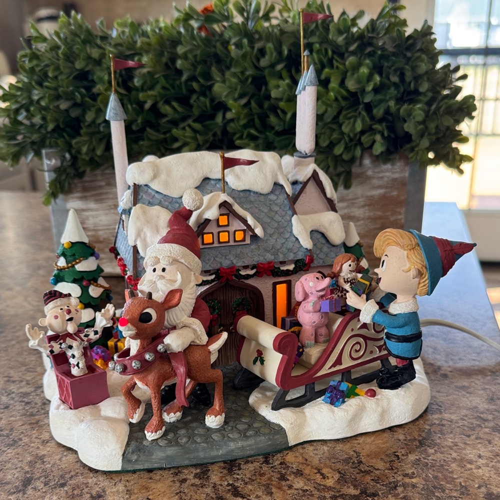 Danbury Mint Holiday Village with Santa and Reindeer - Red, Green, Blue Accents